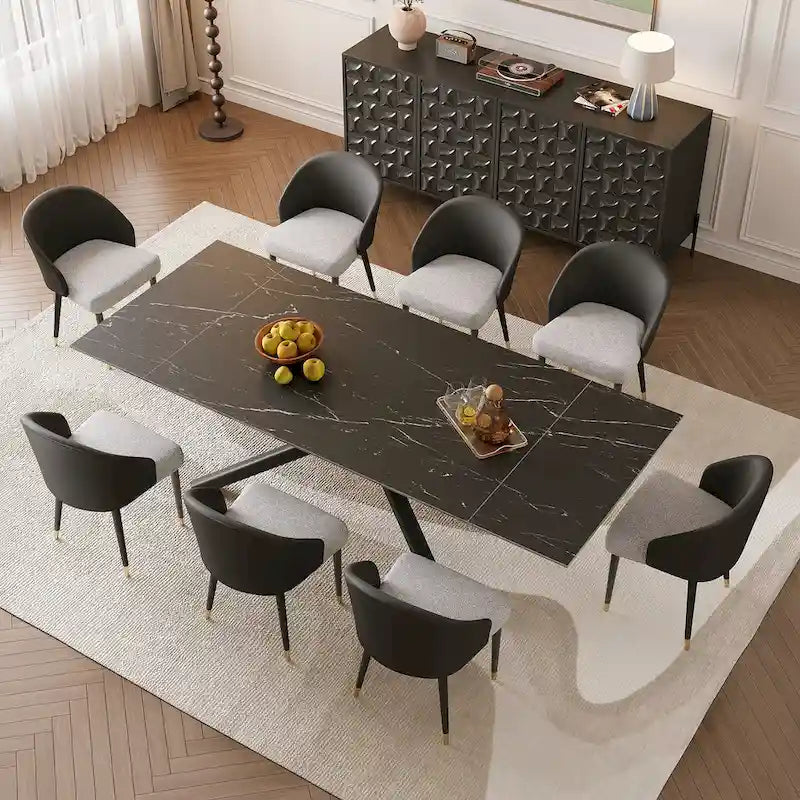 Set da pranzo estensibile in pietra sinterizzata, rosso/nero/marrone e grigio, 9 pezzi, 8 posti a sedere