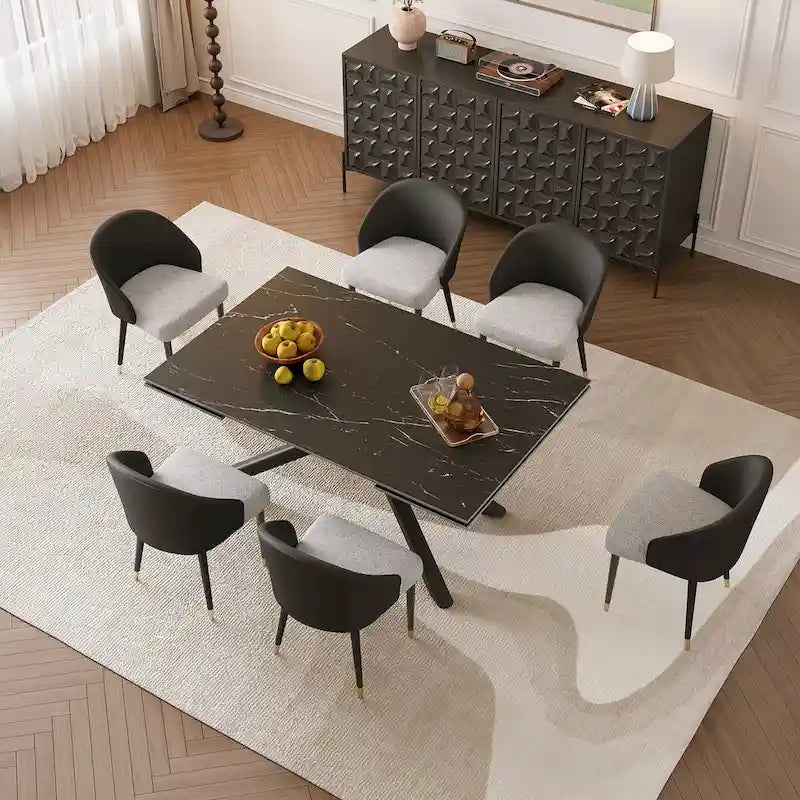 Set da pranzo estensibile in pietra sinterizzata, rosso/nero/marrone e grigio, 9 pezzi, 8 posti a sedere