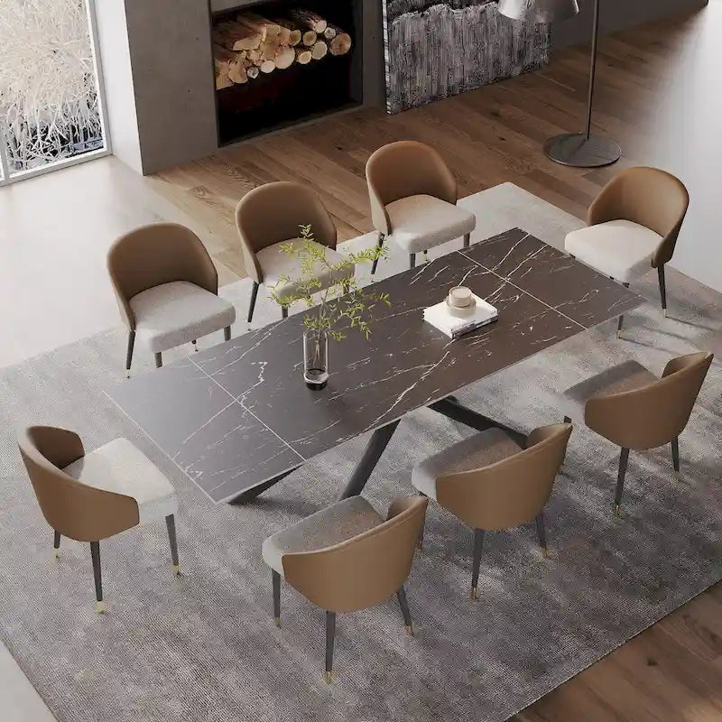 Set da pranzo estensibile in pietra sinterizzata, rosso/nero/marrone e grigio, 9 pezzi, 8 posti a sedere