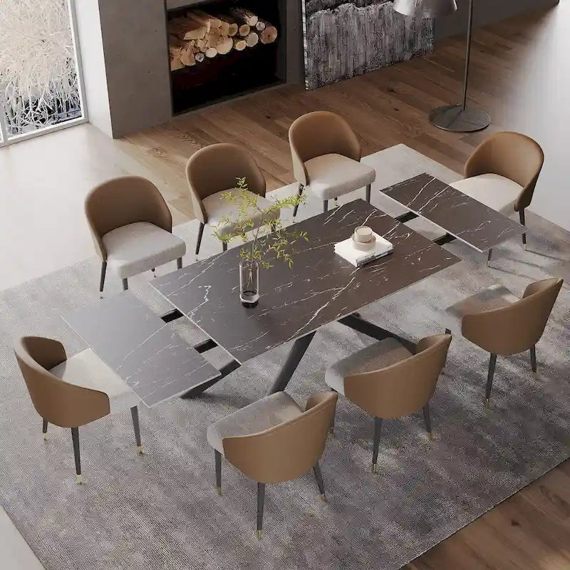 Set da pranzo estensibile in pietra sinterizzata, rosso/nero/marrone e grigio, 9 pezzi, 8 posti a sedere