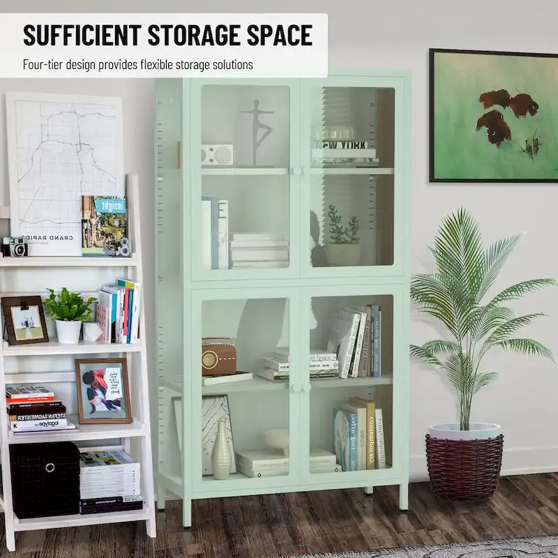 Mobile contenitore in vetro a 4 ante nero / blu / verde menta – Credenza in acciaio laminato a freddo, 1 unità