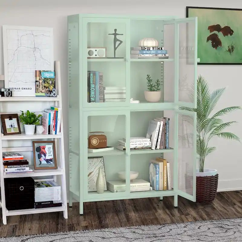 Mobile contenitore in vetro a 4 ante nero / blu / verde menta – Credenza in acciaio laminato a freddo, 1 unità