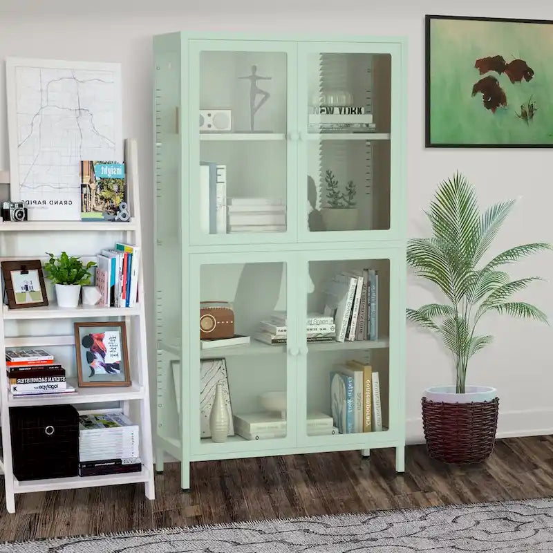 Mobile contenitore in vetro a 4 ante nero / blu / verde menta – Credenza in acciaio laminato a freddo, 1 unità