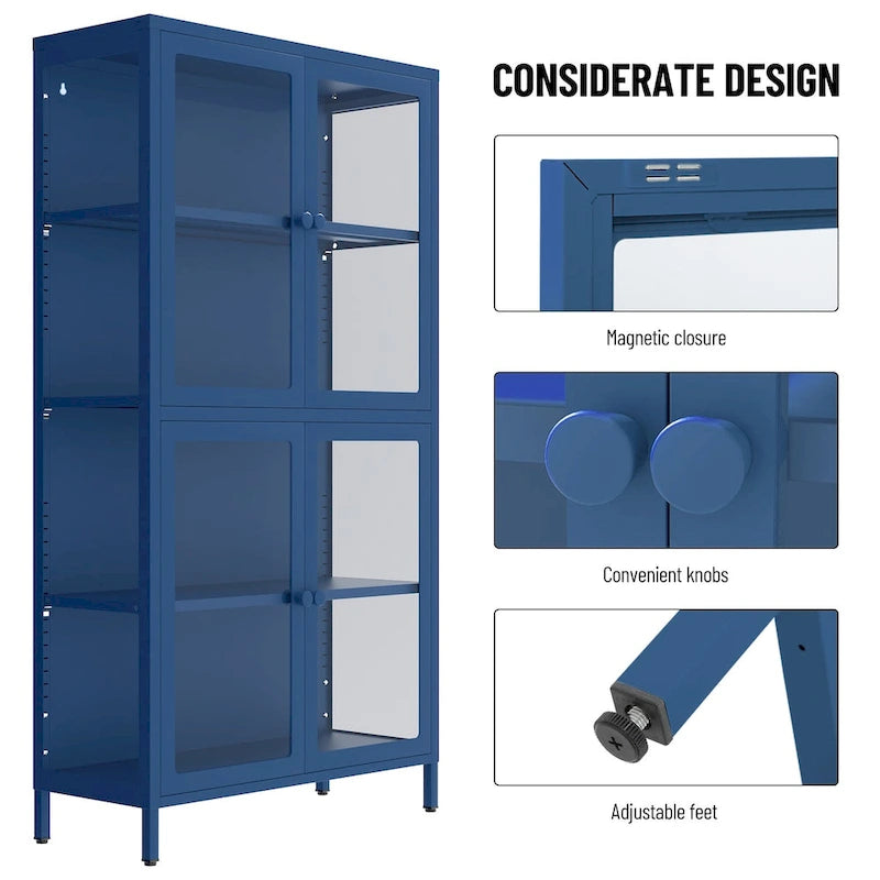 Mobile contenitore in vetro a 4 ante nero / blu / verde menta – Credenza in acciaio laminato a freddo, 1 unità