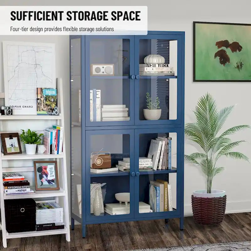 Mobile contenitore in vetro a 4 ante nero / blu / verde menta – Credenza in acciaio laminato a freddo, 1 unità