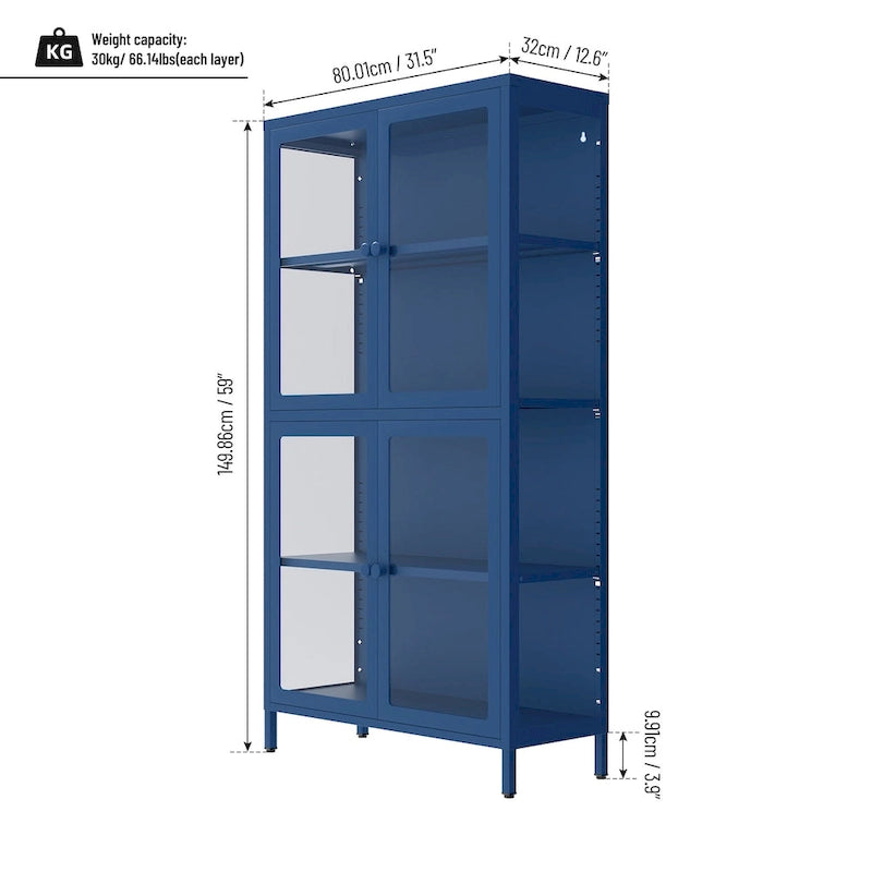 Mobile contenitore in vetro a 4 ante nero / blu / verde menta – Credenza in acciaio laminato a freddo, 1 unità