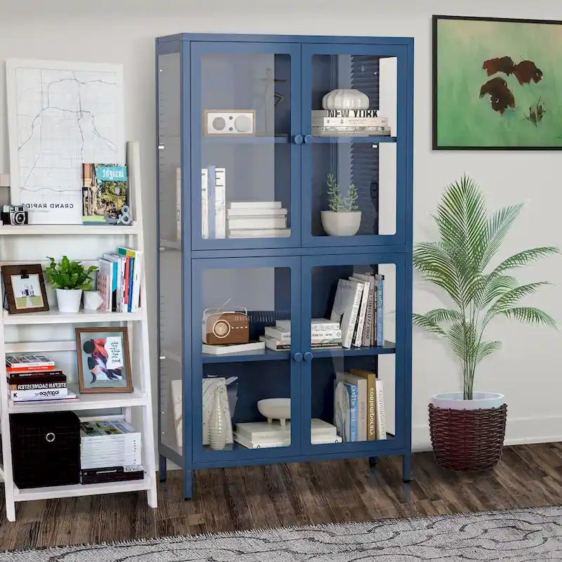 Mobile contenitore in vetro a 4 ante nero / blu / verde menta – Credenza in acciaio laminato a freddo, 1 unità