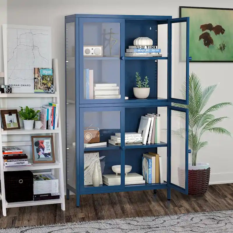 Mobile contenitore in vetro a 4 ante nero / blu / verde menta – Credenza in acciaio laminato a freddo, 1 unità