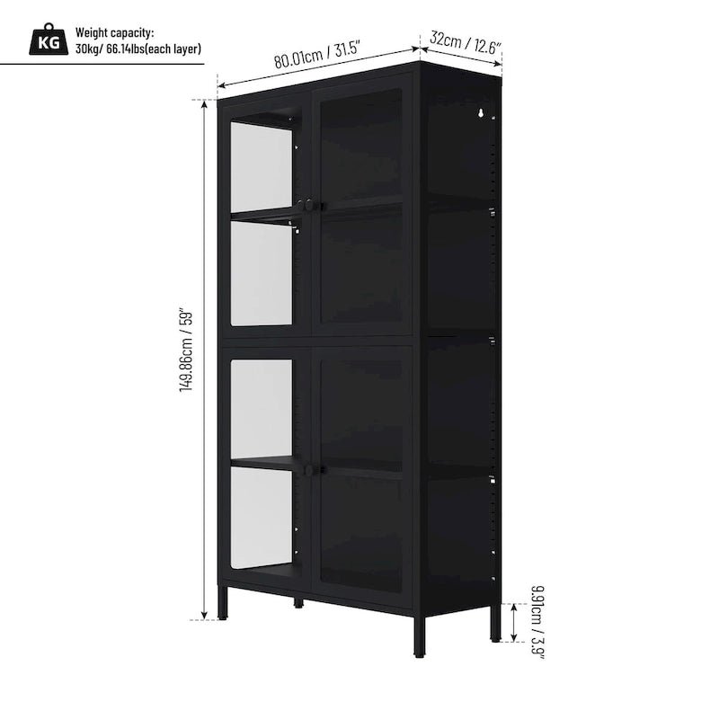Mobile contenitore in vetro a 4 ante nero / blu / verde menta – Credenza in acciaio laminato a freddo, 1 unità