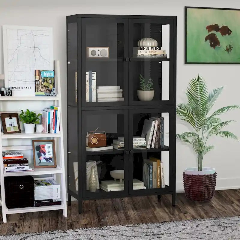 Mobile contenitore in vetro a 4 ante nero / blu / verde menta – Credenza in acciaio laminato a freddo, 1 unità