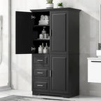 Mobile Contenitore Alto da Bagno Nero con 3 Cassetti e Ripiano Regolabile