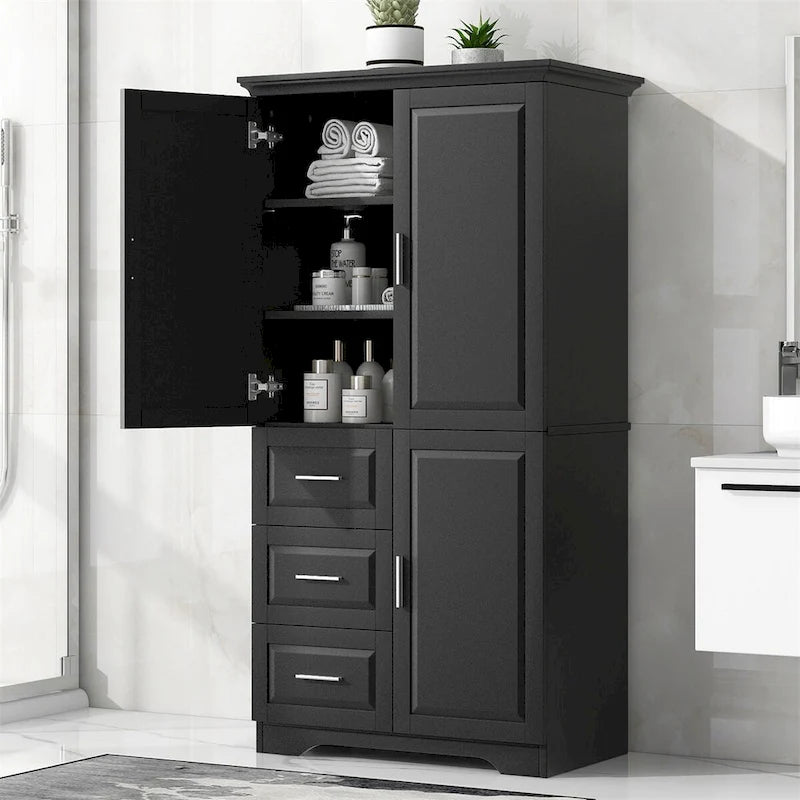 Mobile Contenitore Alto da Bagno Nero con 3 Cassetti e Ripiano Regolabile