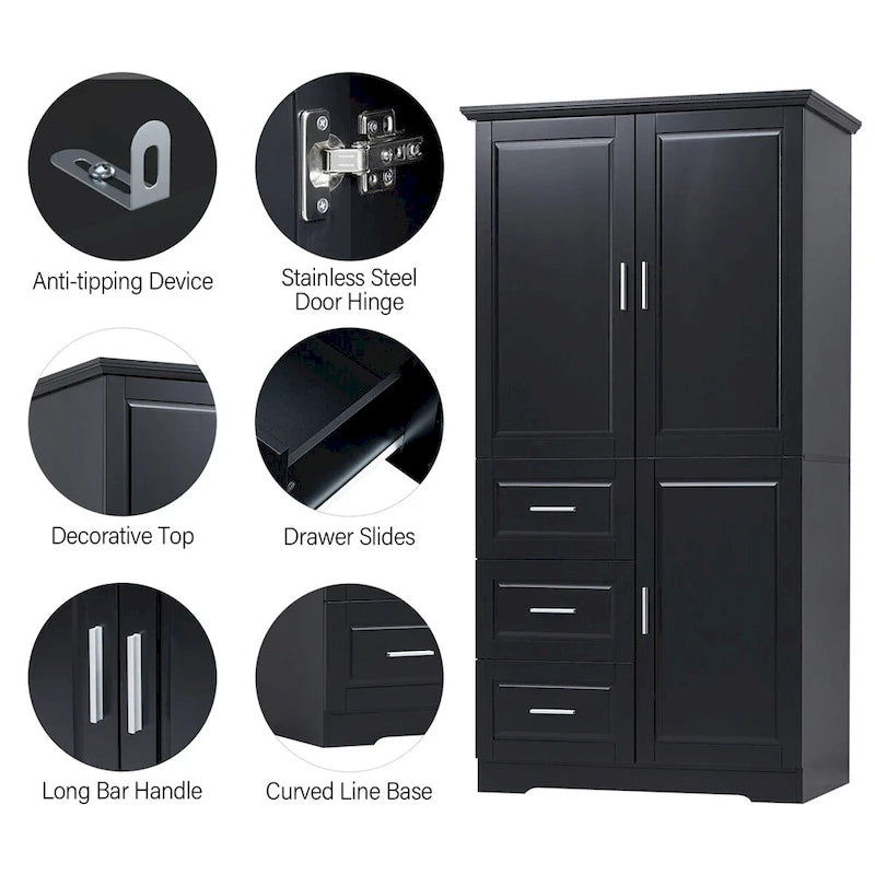 Mobile Contenitore Alto da Bagno Nero con 3 Cassetti e Ripiano Regolabile