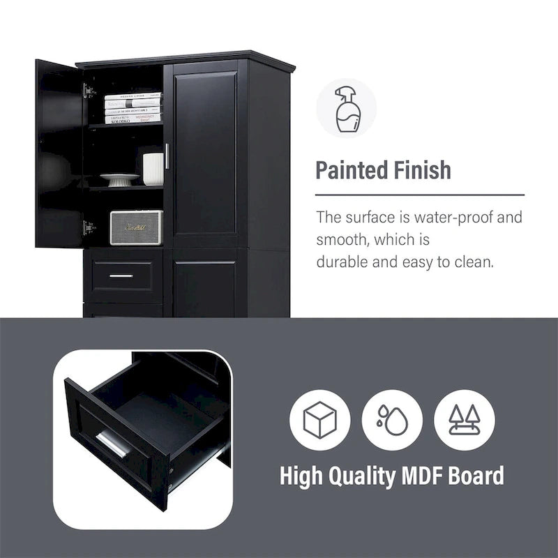 Mobile Contenitore Alto da Bagno Nero con 3 Cassetti e Ripiano Regolabile