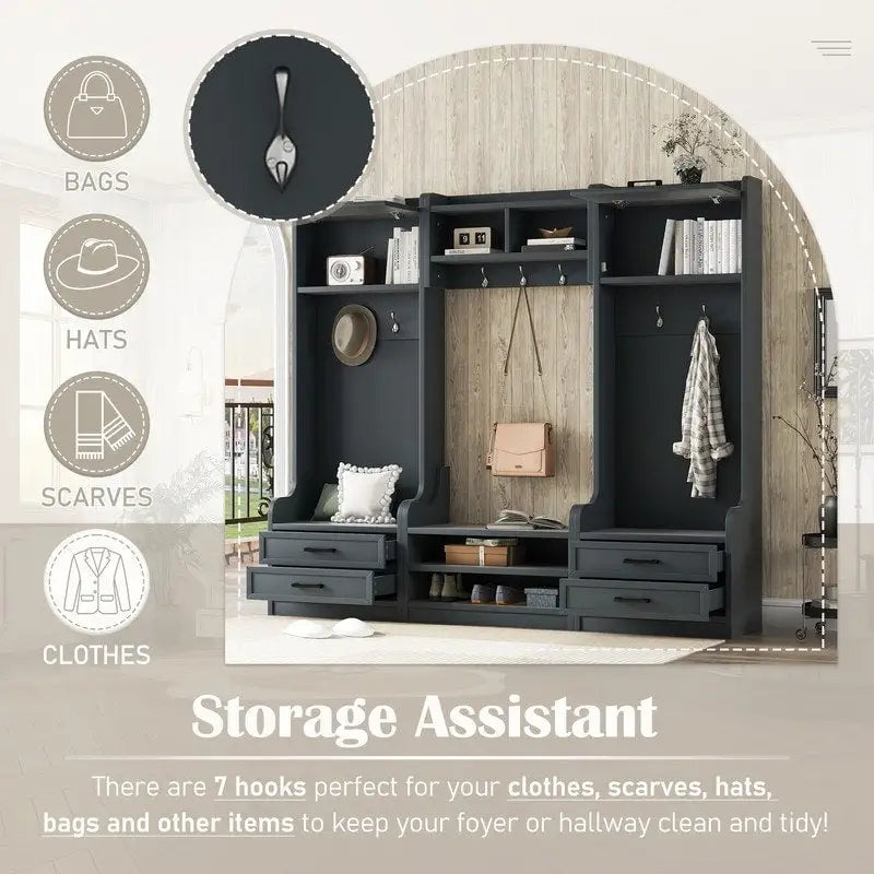 Appendiabiti da ingresso staccabile 4-in-1 bianco con panca portascarpe, cassetti e ganci – 2 posti