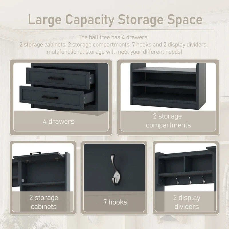Appendiabiti da ingresso staccabile 4-in-1 bianco con panca portascarpe, cassetti e ganci – 2 posti