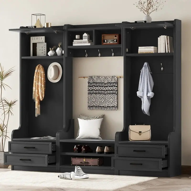 Appendiabiti da ingresso staccabile 4-in-1 bianco con panca portascarpe, cassetti e ganci – 2 posti