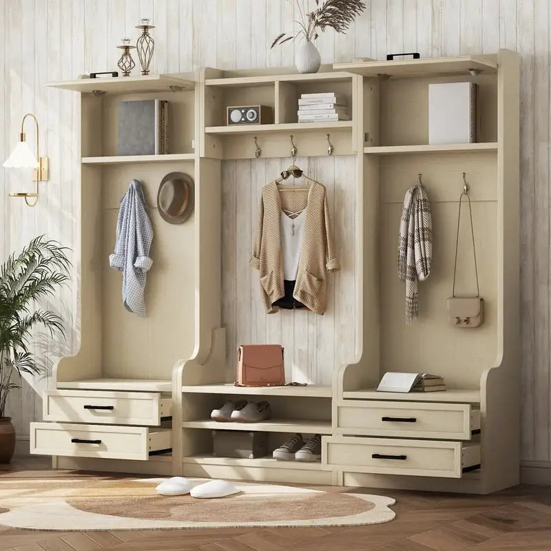 Appendiabiti da ingresso staccabile 4-in-1 bianco con panca portascarpe, cassetti e ganci – 2 posti