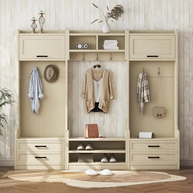 Appendiabiti da ingresso staccabile 4-in-1 bianco con panca portascarpe, cassetti e ganci – 2 posti