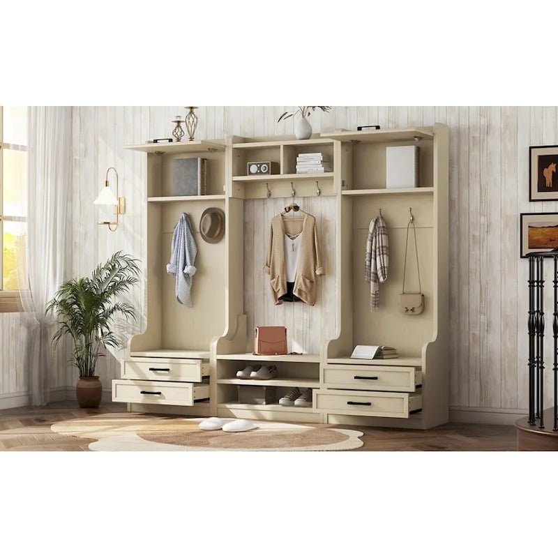 Appendiabiti da ingresso staccabile 4-in-1 bianco con panca portascarpe, cassetti e ganci – 2 posti