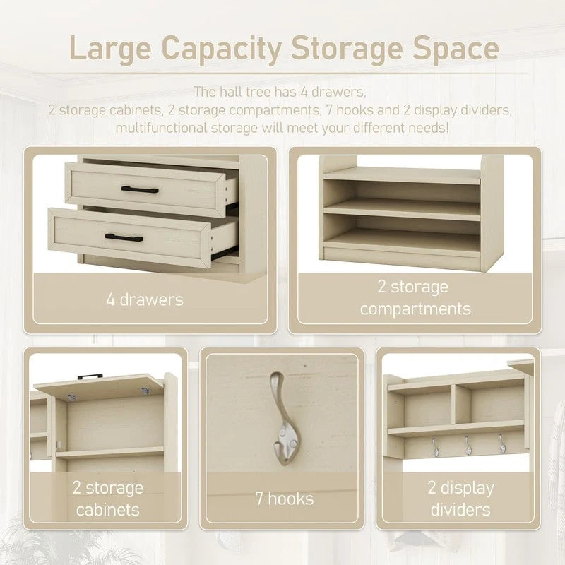 Appendiabiti da ingresso staccabile 4-in-1 bianco con panca portascarpe, cassetti e ganci – 2 posti