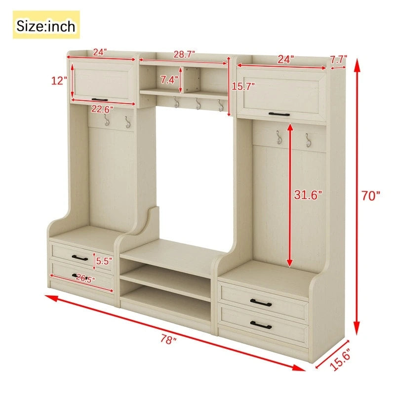 Appendiabiti da ingresso staccabile 4-in-1 bianco con panca portascarpe, cassetti e ganci – 2 posti